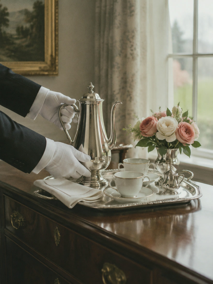 White-gloved hands setting a silver coffee service on a tray