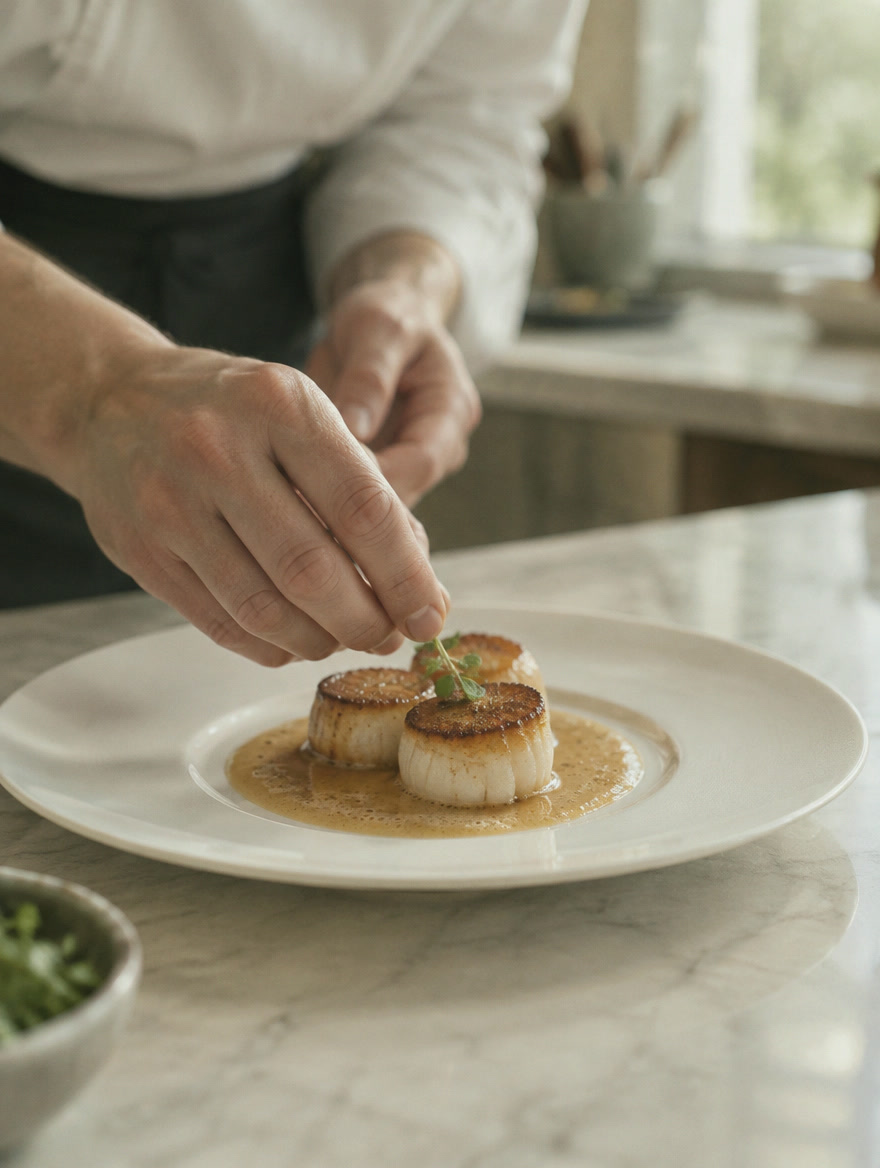 A chef's hands plating a dish in a home kitchen