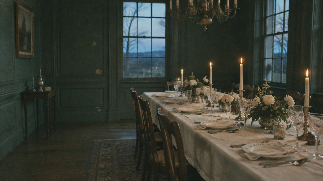 A candlelit dining room set for dinner
