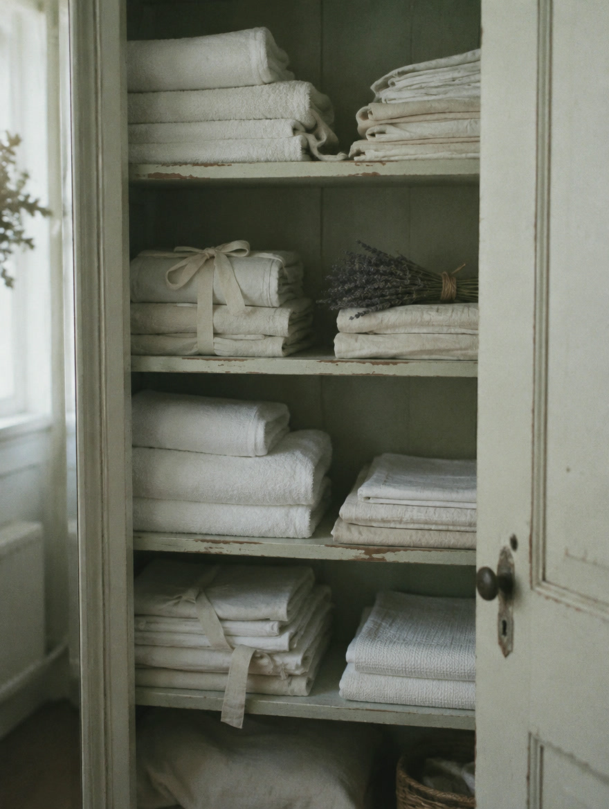 Folded white linens tied with ribbon in a linen closet