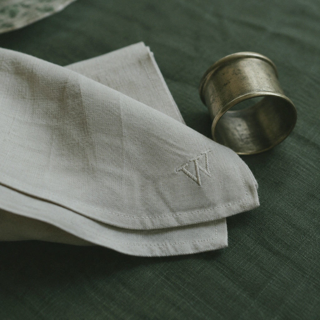 An ivory linen napkin embroidered with a W, beside a brass napkin ring