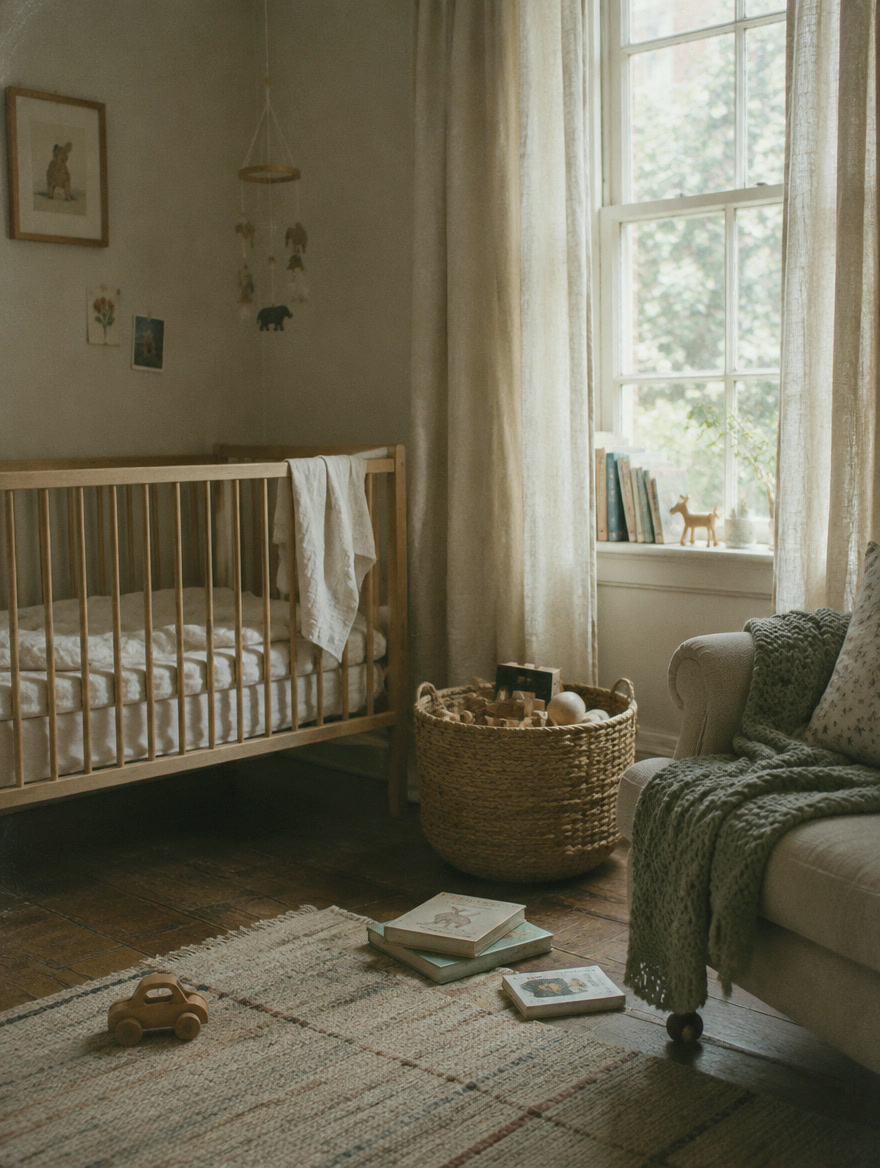 A calm nursery with linen curtains and a wooden crib