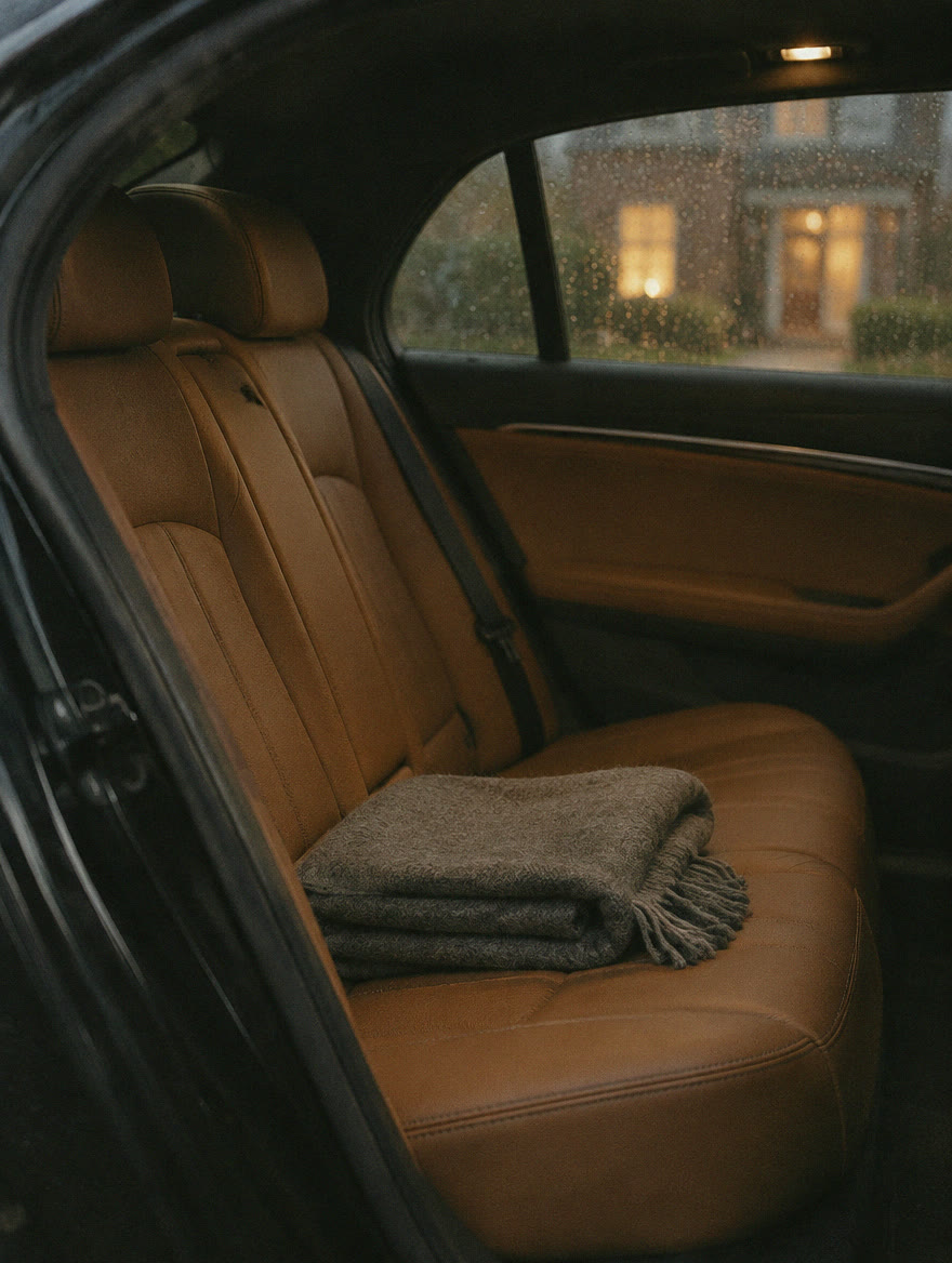 The rear seat of a car, a folded cashmere throw on cognac leather